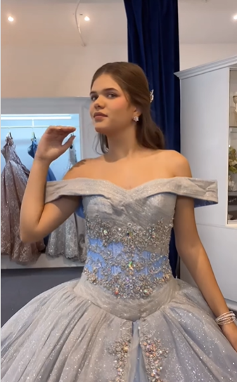 Blue Ball Gown Off the Shoulder Beaded Sequin Sweet 16 Dress Quinceanera Dress SH3293