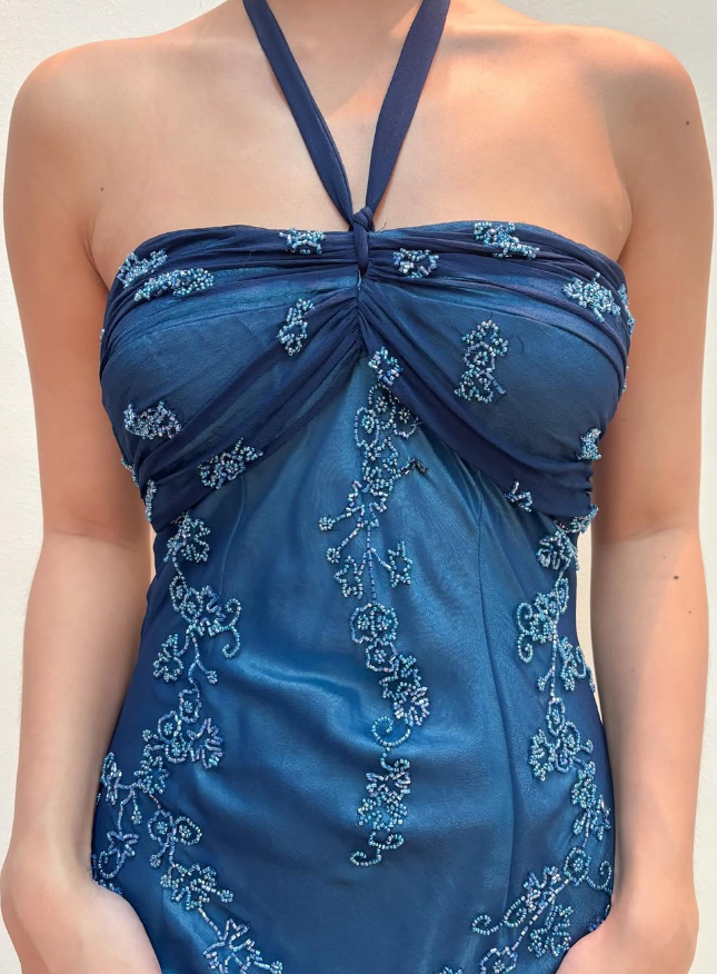 Vintage Mermaid Halter Beaded Navy Blue Chiffon Prom Dress Evening Dress SH2066