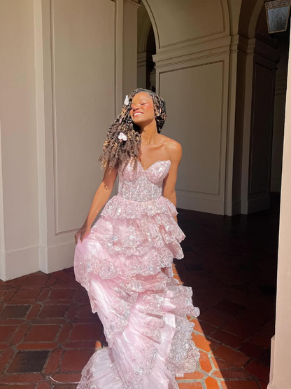 Princess A Line Sweetheart Neck Corset Appliques Pink Tulle Prom Dress Evening Dress SH2177