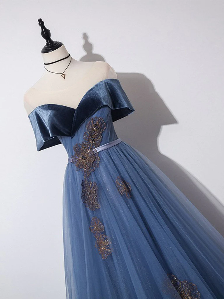 Off Shoulder Tulle Gray Blue Long Prom Dress, Blue Formal Dress SH838