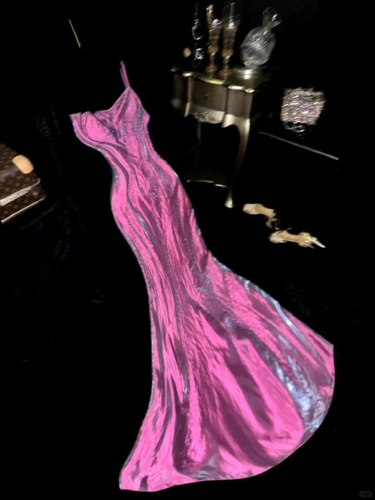 Vintage Mermaid One Shoulder Beaded Pink Satin Long Prom Dress Evening Dress SH3079