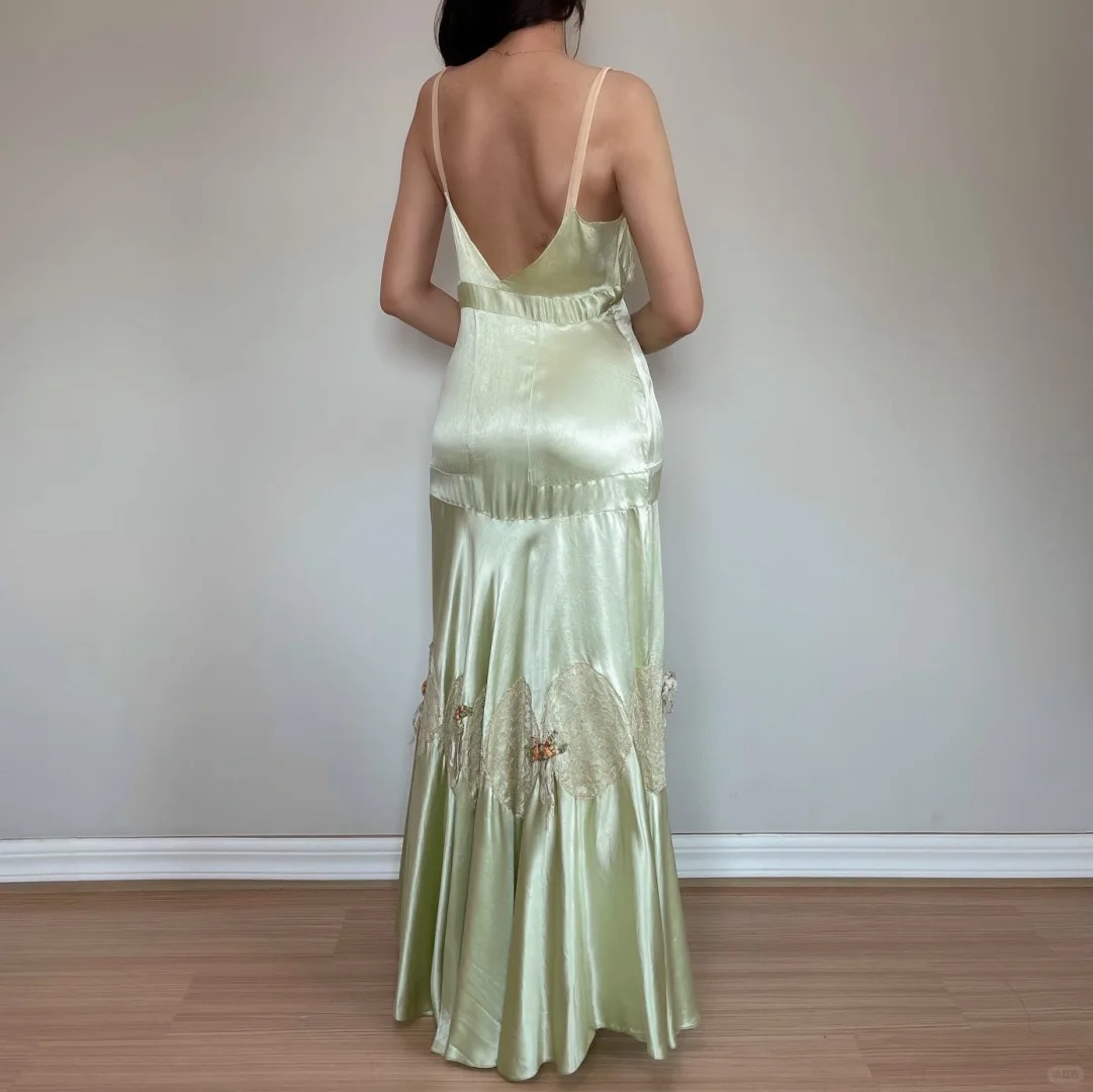 Vintage Mermaid Spaghetti Strap Lace Green Satin Long Prom Dress Evening Dress SH3341