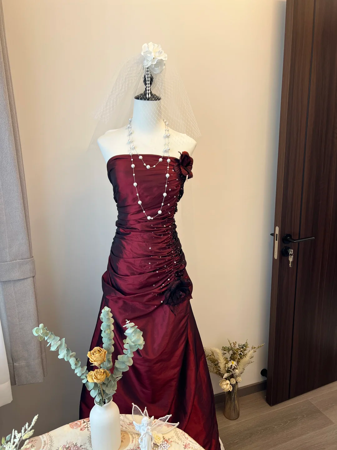 Vintage A Line Strapless Flower Pleated Burgundy Satin Long Prom Dress Party Dress SH3033