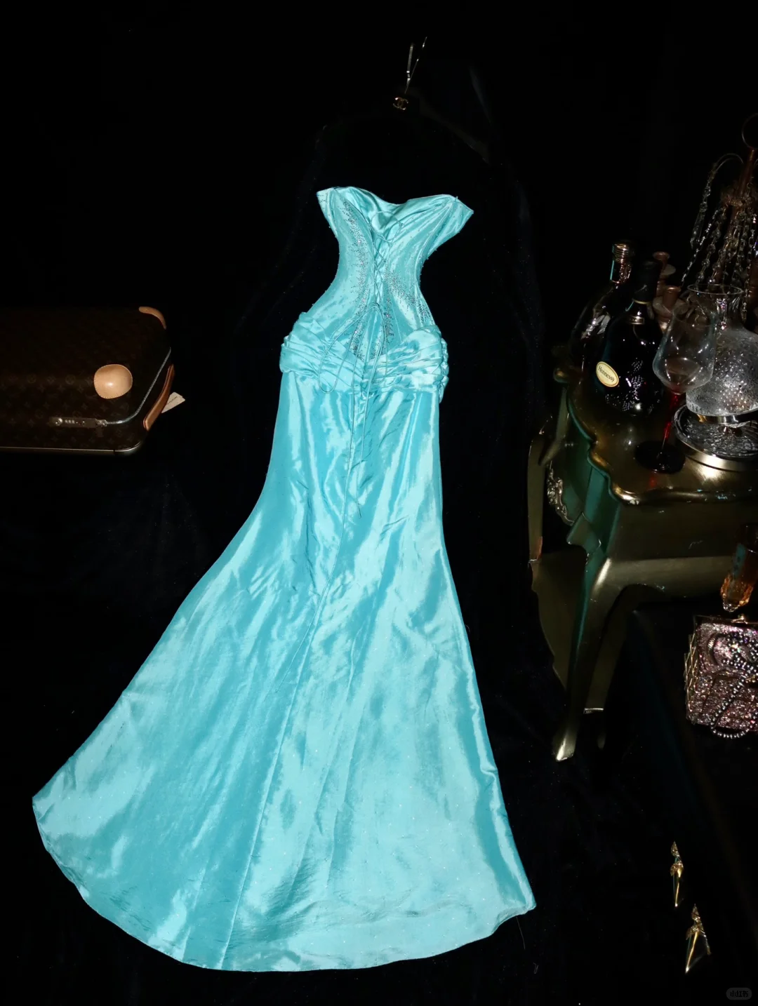 Vintage Mermaid Sweetheart Neck Beaded Blue Satin Long Prom Dress Evening Dress SH3160