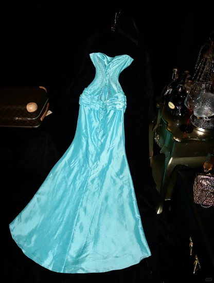 Vintage Mermaid Sweetheart Neck Beaded Blue Satin Long Prom Dress Evening Dress SH3160