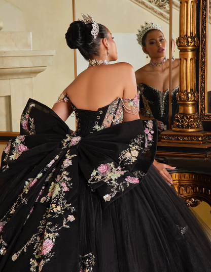 Black Off the Shoulder Appliques Beaded Tulle Prom Dress Quinceanera Dress Ball Gown with Bow SH2353