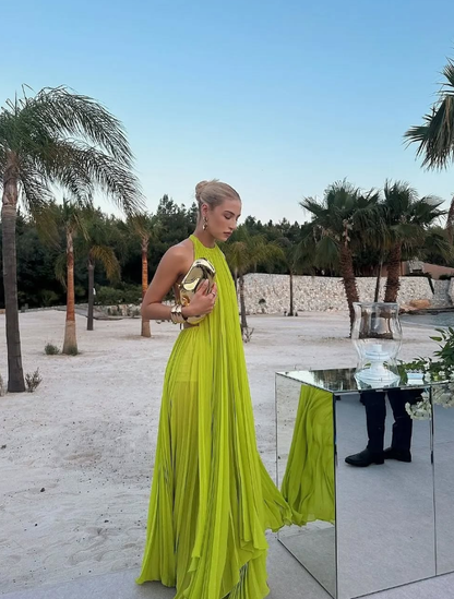 Green A Line Halter Chiffon Open Back Long Prom Dress Evening Dress SH2276