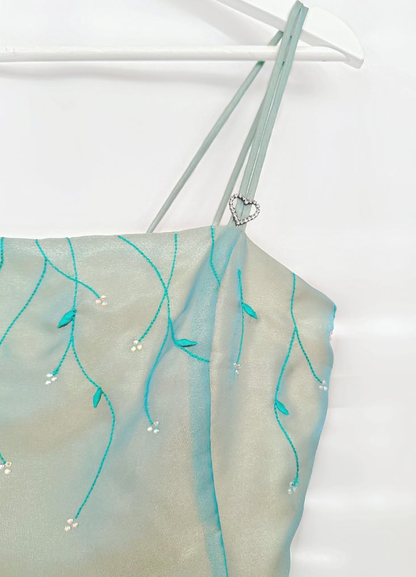 Retro Blue A Line Spaghetti Strap Embroidery Organza Prom Dress Evening Dress SH3610