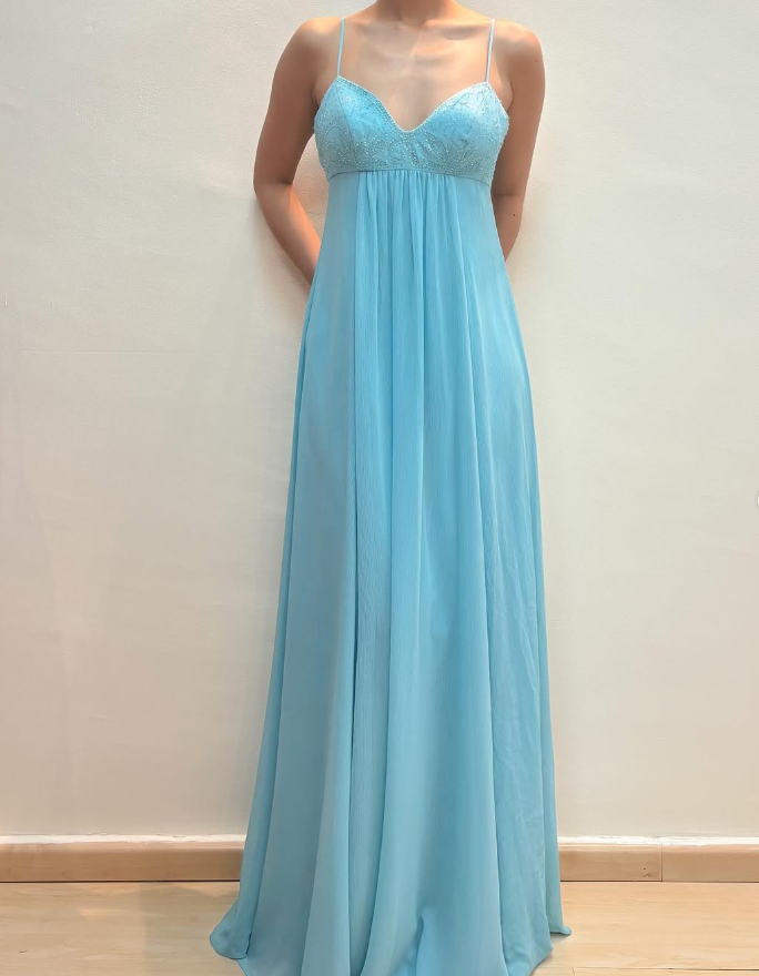 2025 New A Line Spaghetti Strap Beaded Sequin Blue Chiffon Prom Dress Evening Dress SH2224