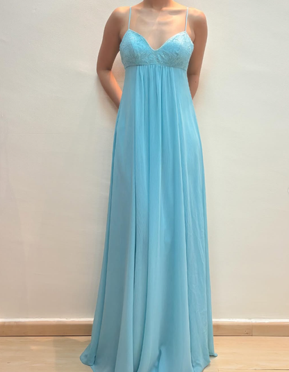 2025 New A Line Spaghetti Strap Beaded Sequin Blue Chiffon Prom Dress Evening Dress SH2224