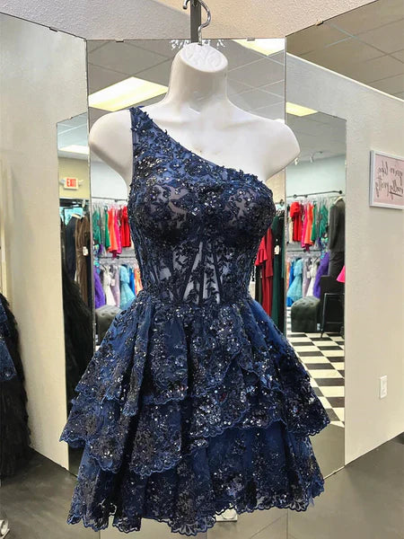 Navy Blue One Shoulder Lace Ruffle Homecoming Dresses