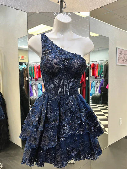 Navy Blue One Shoulder Lace Ruffle Homecoming Dresses