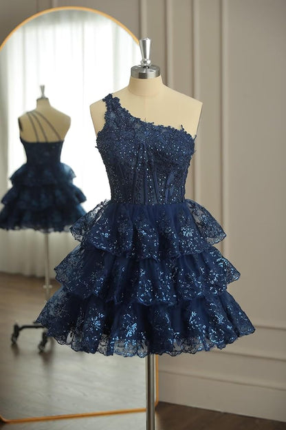 Navy Blue One Shoulder Lace Ruffle Homecoming Dresses