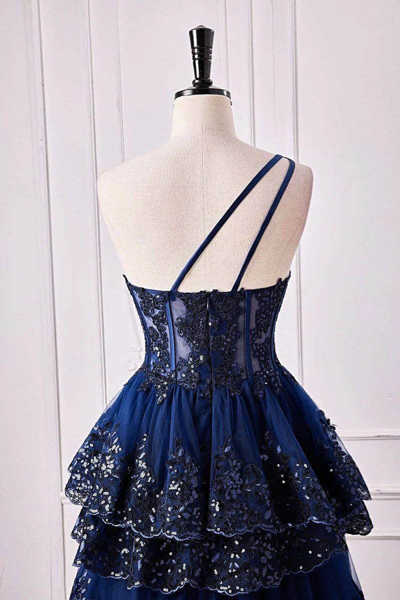 Navy Blue One Shoulder Lace Ruffle Homecoming Dresses