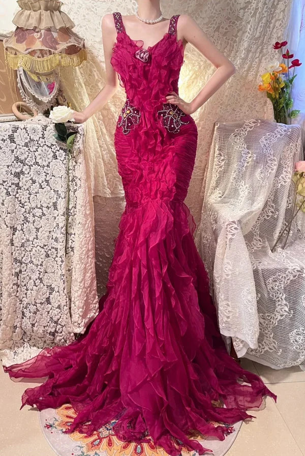 Pink Beaded Beautiful Mermaid Long Chiffon Ball Gown Evening Dress Party Dress gh4442