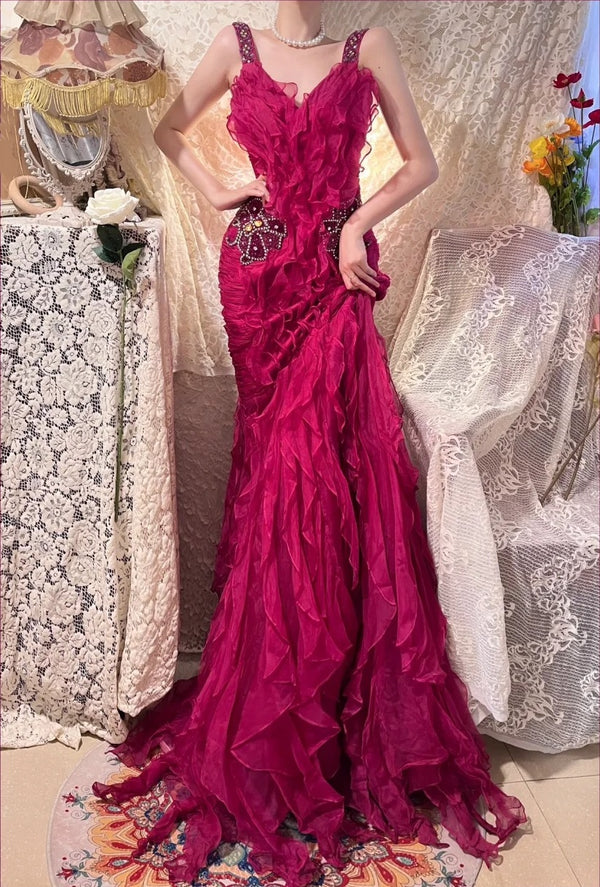 Pink Beaded Beautiful Mermaid Long Chiffon Ball Gown Evening Dress Party Dress gh4442