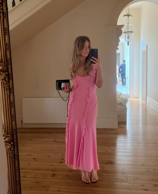 Cute Mermaid Straps Ruffle Pink Chiffon Prom Dress Graduation Prom Dress SH2643