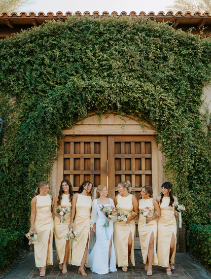 Backless A Line Round Neck Light Yellow Satin Long Bridesmaid Dress Evening Dress with Slit SH3274