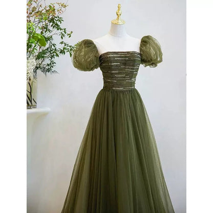 Simple A line Green Long Prom Dresses SH225