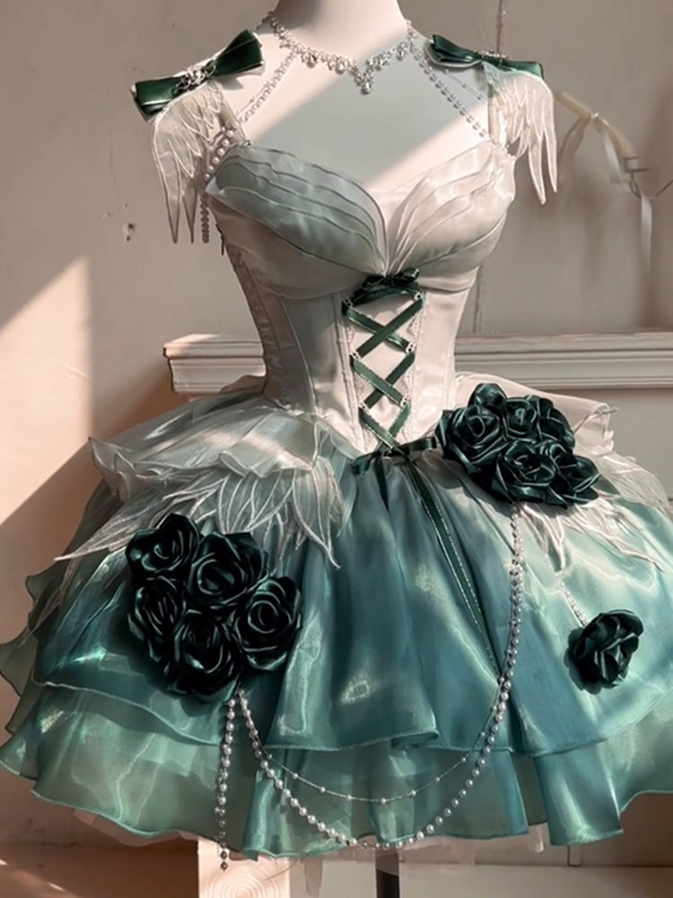 Vintage Ball Gown Spaghetti Straps Chiffon Green Summer 18th Birthday Dress Green Short Lolita Dress 18th Birthday Outfits DH2433