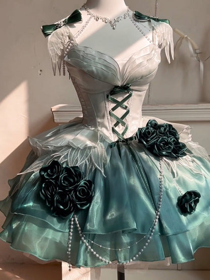 Vintage Ball Gown Spaghetti Straps Chiffon Green Summer 18th Birthday Dress Green Short Lolita Dress 18th Birthday Outfits DH2433