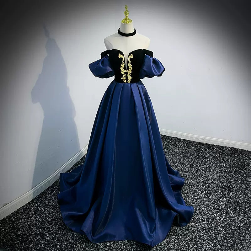 Navy Blue Puffy Sleeves Prom Dresses Sexy Evening Dress SH099