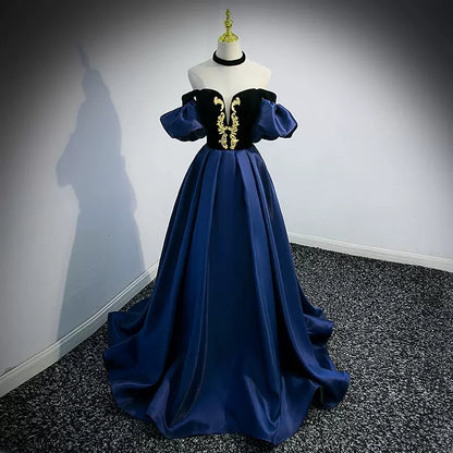 Navy Blue Puffy Sleeves Prom Dresses Sexy Evening Dress SH099