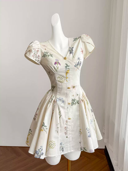 French retro plant print homecoming dress for women summer short niche design 11288