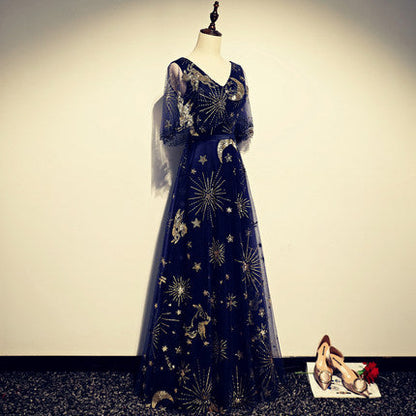 A line Navy Blue Tulle Prom Dresses SH159