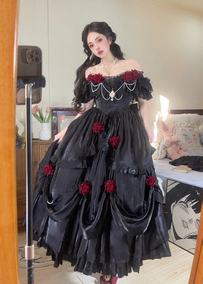 Retro Ball Gown Off The Shoulder Short Sleeves Black Rose Floral 16th Chiffon Birthday Dress Lolita Dress 18th Birthday Outfits W1244