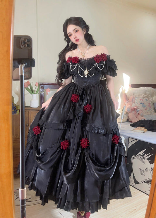 Retro Ball Gown Off The Shoulder Short Sleeves Black Rose Floral 16th Chiffon Birthday Dress Lolita Dress 18th Birthday Outfits W1244
