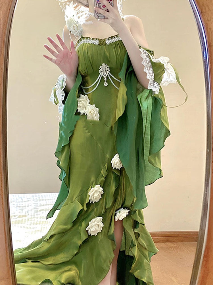 Vintage High Low Spaghetti Straps Green 16th Birthday Dress With Sleeves Lolita Dress Satin Birthday Outfits DP0223