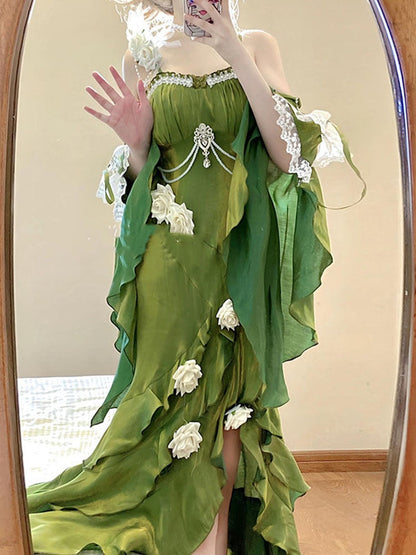 Vintage High Low Spaghetti Straps Green 16th Birthday Dress With Sleeves Lolita Dress Satin Birthday Outfits DP0223