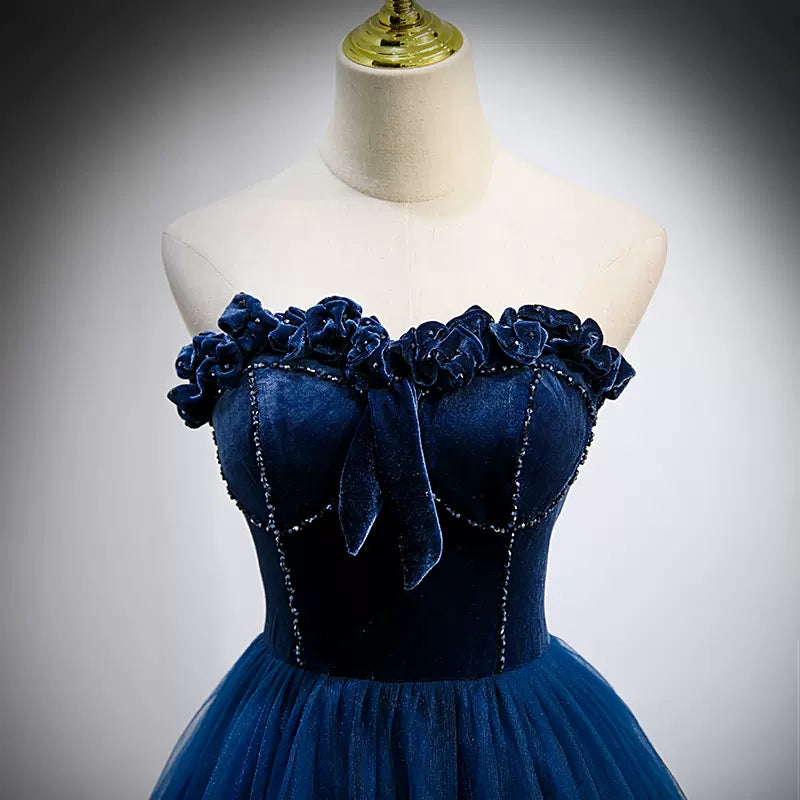 Navy Blue Tulle Strapless Prom Dresses Sexy Evening Dress SH098