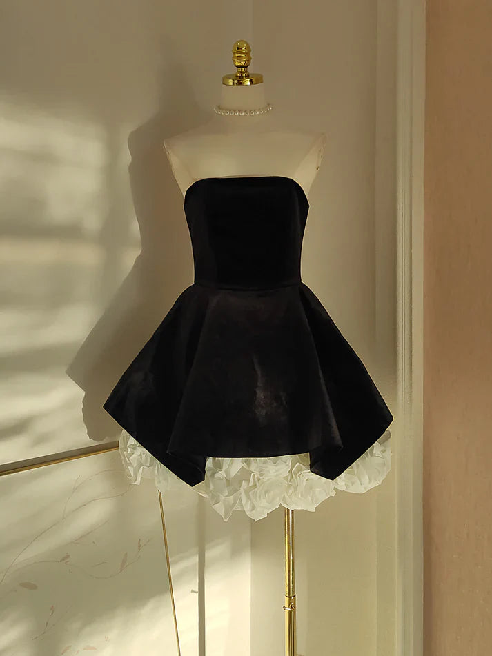 Cute A Line Strapless Velvet Black Holiday Dress Travel Vacation Dresses Short Birthday Dress SH2892