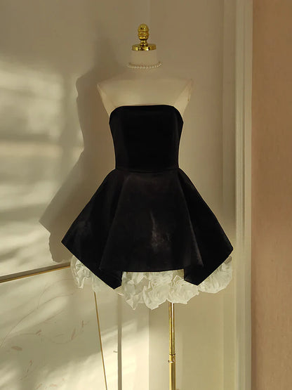 Cute A Line Strapless Velvet Black Holiday Dress Travel Vacation Dresses Short Birthday Dress SH2892