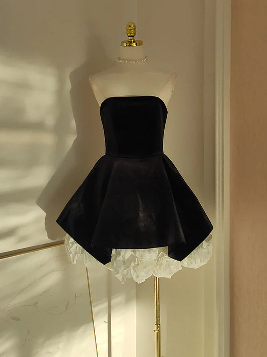Cute A Line Strapless Velvet Black Holiday Dress Travel Vacation Dresses Short Birthday Dress SH2892