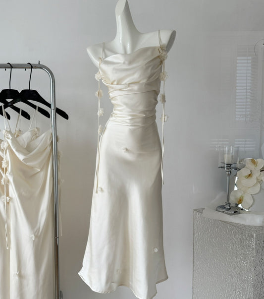 Cute A line Spaghetti Straps Champagne Floral Long Satin Summer Dress For Women DP0009