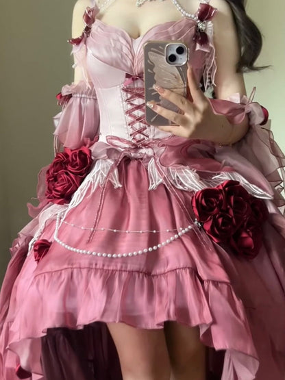 Vintage Ball Gown Spaghetti Straps Chiffon Summer 18th Birthday Dress High Low Ombre Pink Lolita Dress Birthday Outfits DH2415