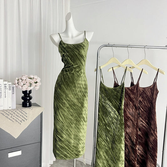 Sexy Mermaid Spaghetti Straps Velvet Green Summer Dress Holiday Party Outfits For Women DP0093