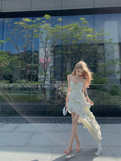 Sweet hot girl style irregular ruffled floral suspender long skirt ED0417