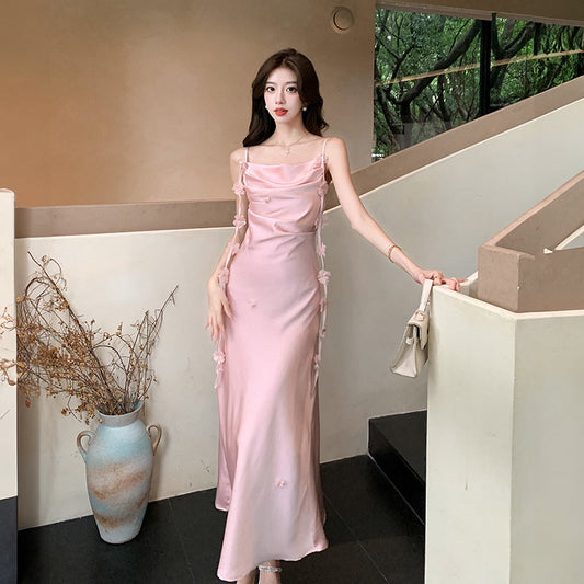 Cute A line Spaghetti Straps Pink Floral Long Satin Summer Dress For Women DP0010