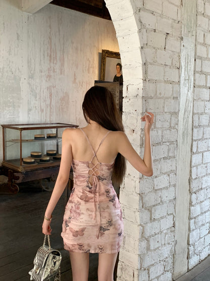 Sexy slim backless camisole hip skirt with butterfly print ED0469