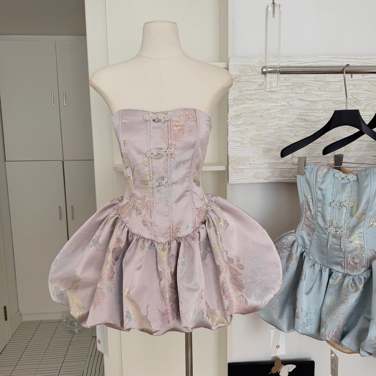 Cute Ball Gown Strapless Satin Floral Pink Short Summer Dress Holiday Party Outfits For Women DP0097