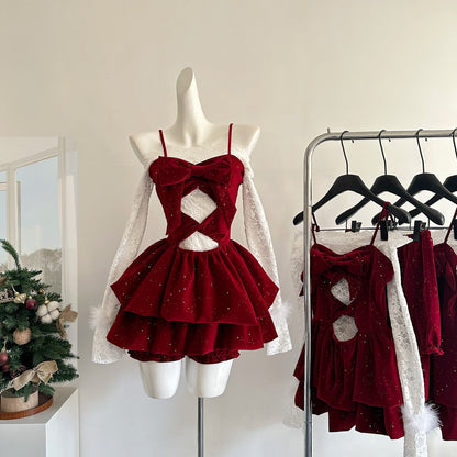 Cute Spaghetti Straps Red Ruffles Velvet Summer Dress 3 Pieces Holiday Party Outfits For Women DP0092