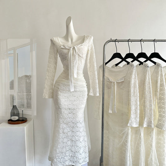 Sexy Mermaid Square Neckline Floral White Lace Summer Dress Holiday Party Outfits For Women DP0106