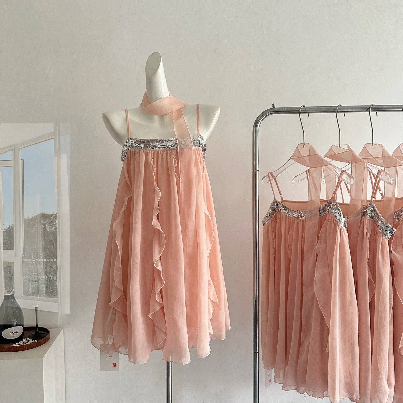 Cute A Line Spaghetti Straps Pink Chiffon Summer Dress Holiday Short Party Outfits For Women DP0102