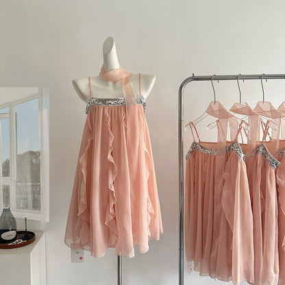 Cute A Line Spaghetti Straps Pink Chiffon Summer Dress Holiday Short Party Outfits For Women DP0102