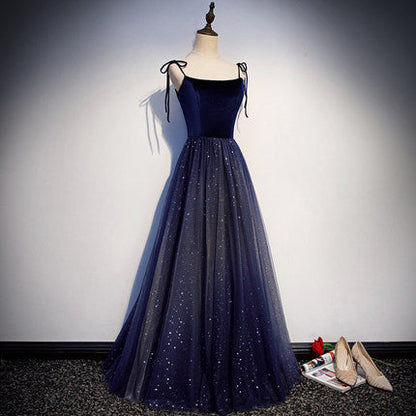 Simple A line Prom Dresses Navy Blue Tulle Evening Dress SH075