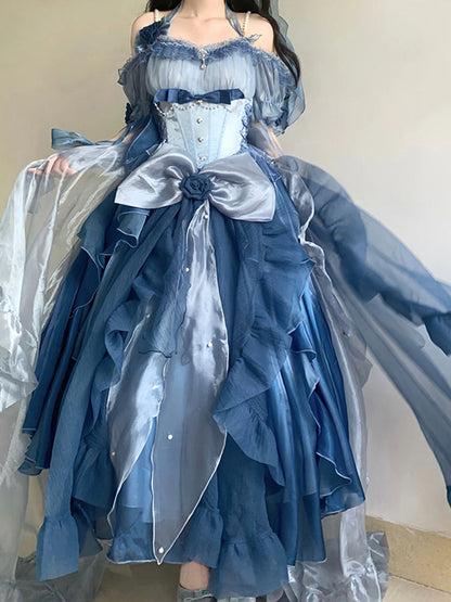 Vintage Ball Gown Off The Shoulder Short Sleeves Blue 16th Chiffon Birthday Dress Lolita Dress 18th Birthday Outfits W1132